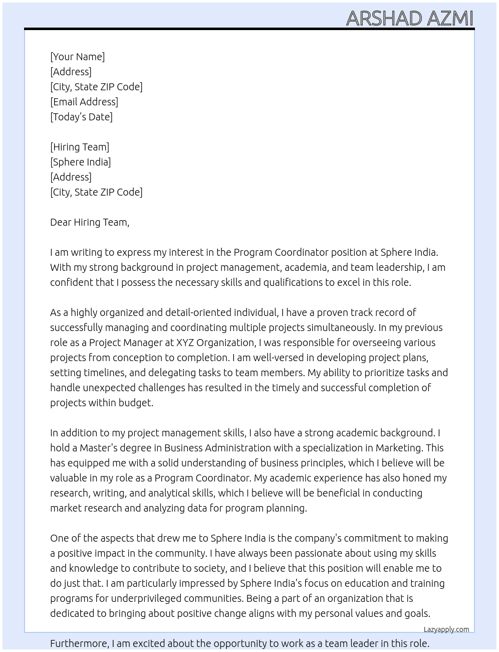 Program Coordinator  At Sphere India Cover Letter