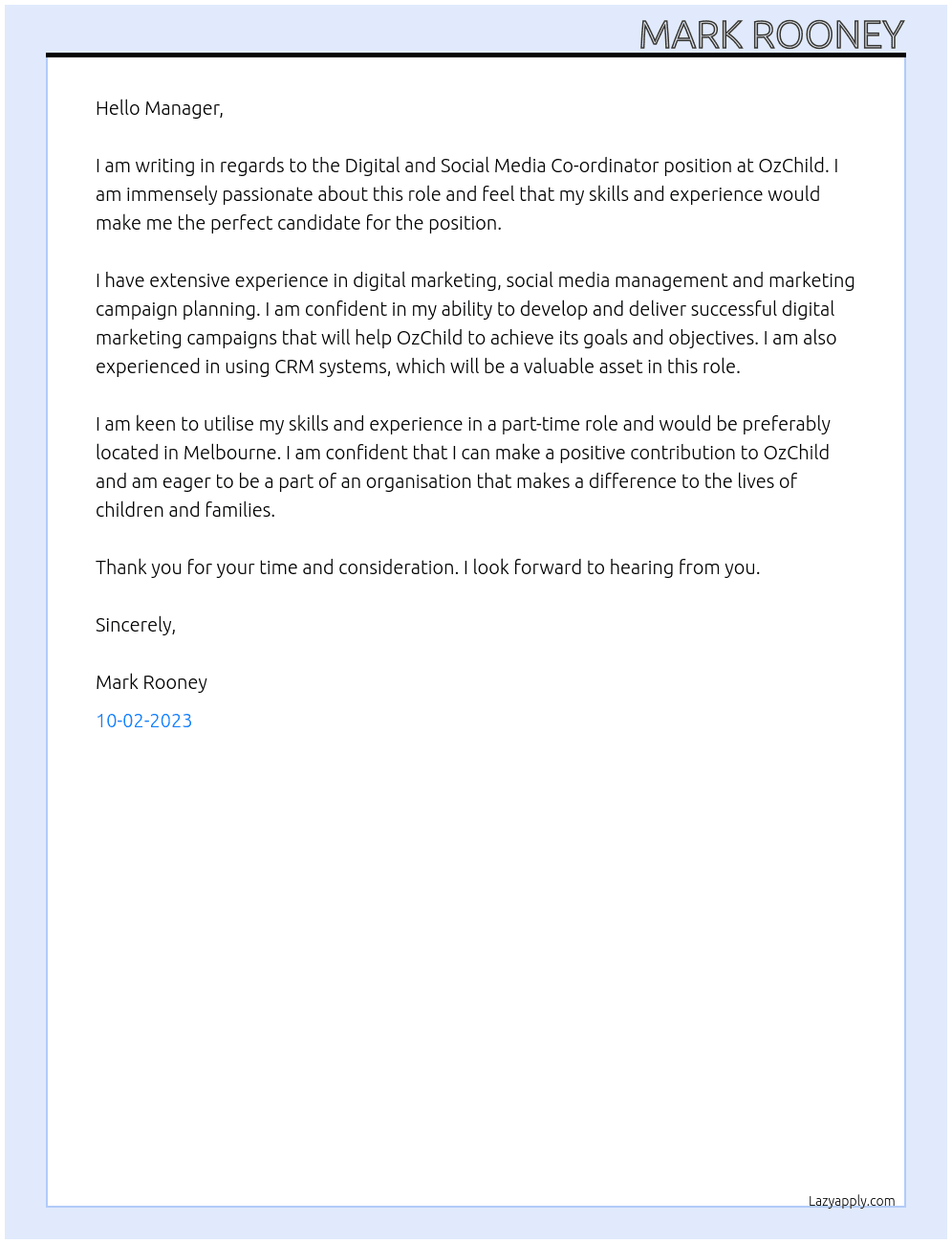 Digital and Social Media Co-ordinator At OzChild Cover Letter