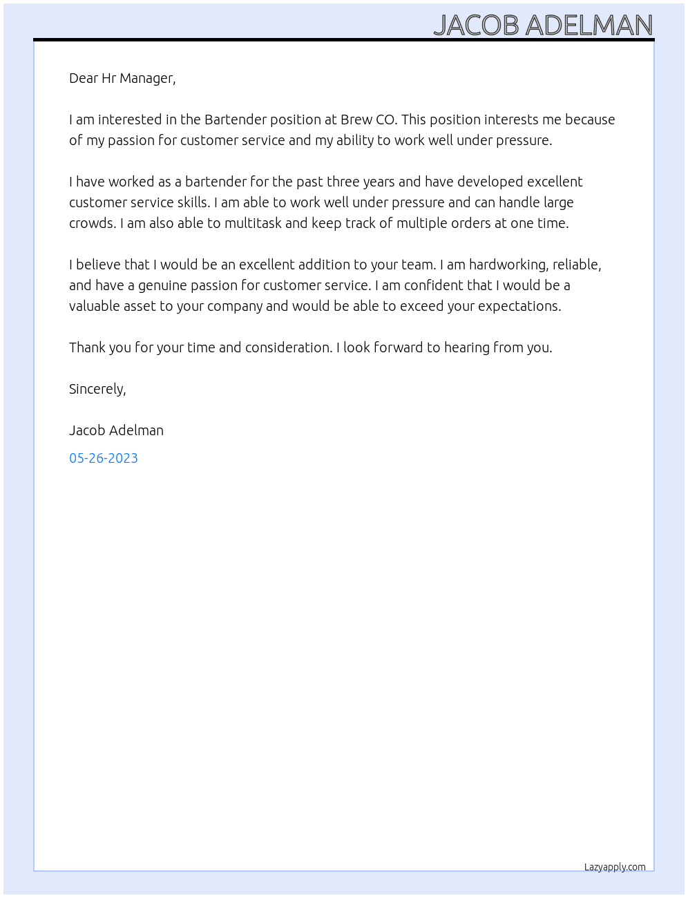 Bartender At Brew CO Cover Letter