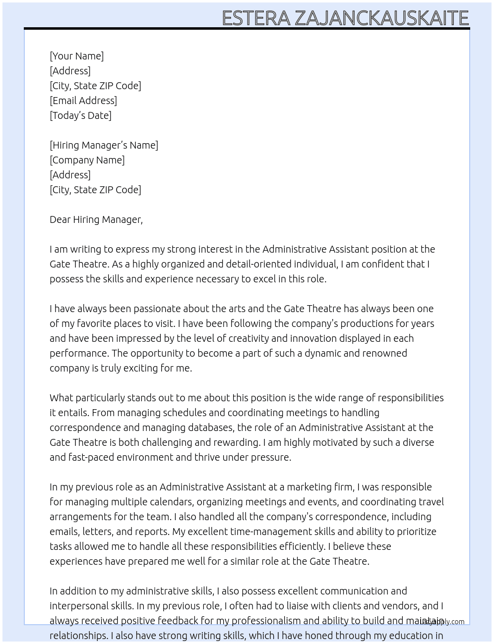 Administrative Assistant At Gate Theatre Cover Letter