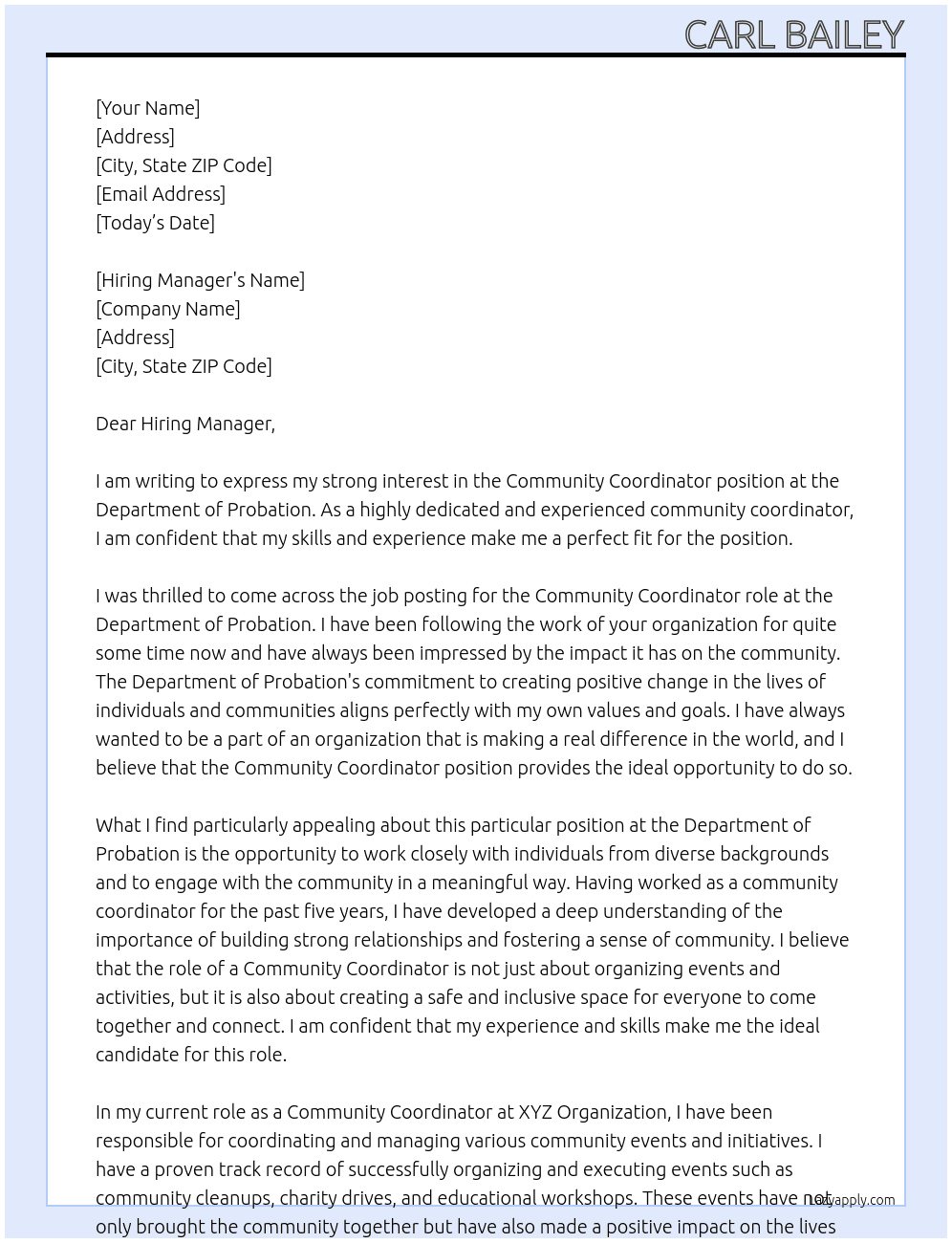 Community Coordinator  At Department of Probation  Cover Letter