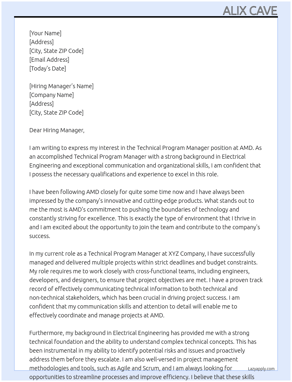 Technical Program Manager At AMD Cover Letter