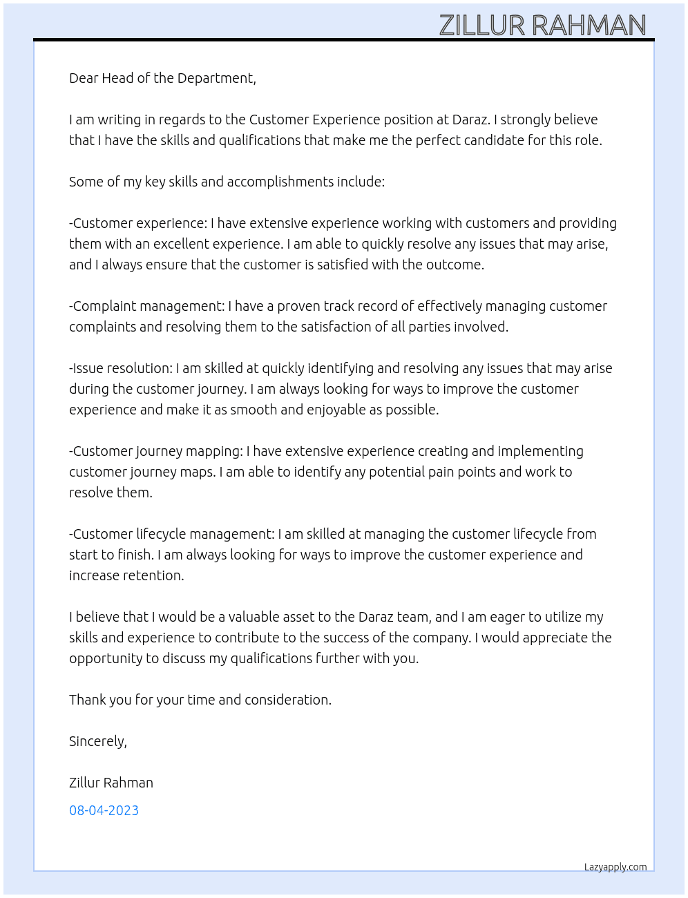 Customer Experience At Daraz Cover Letter