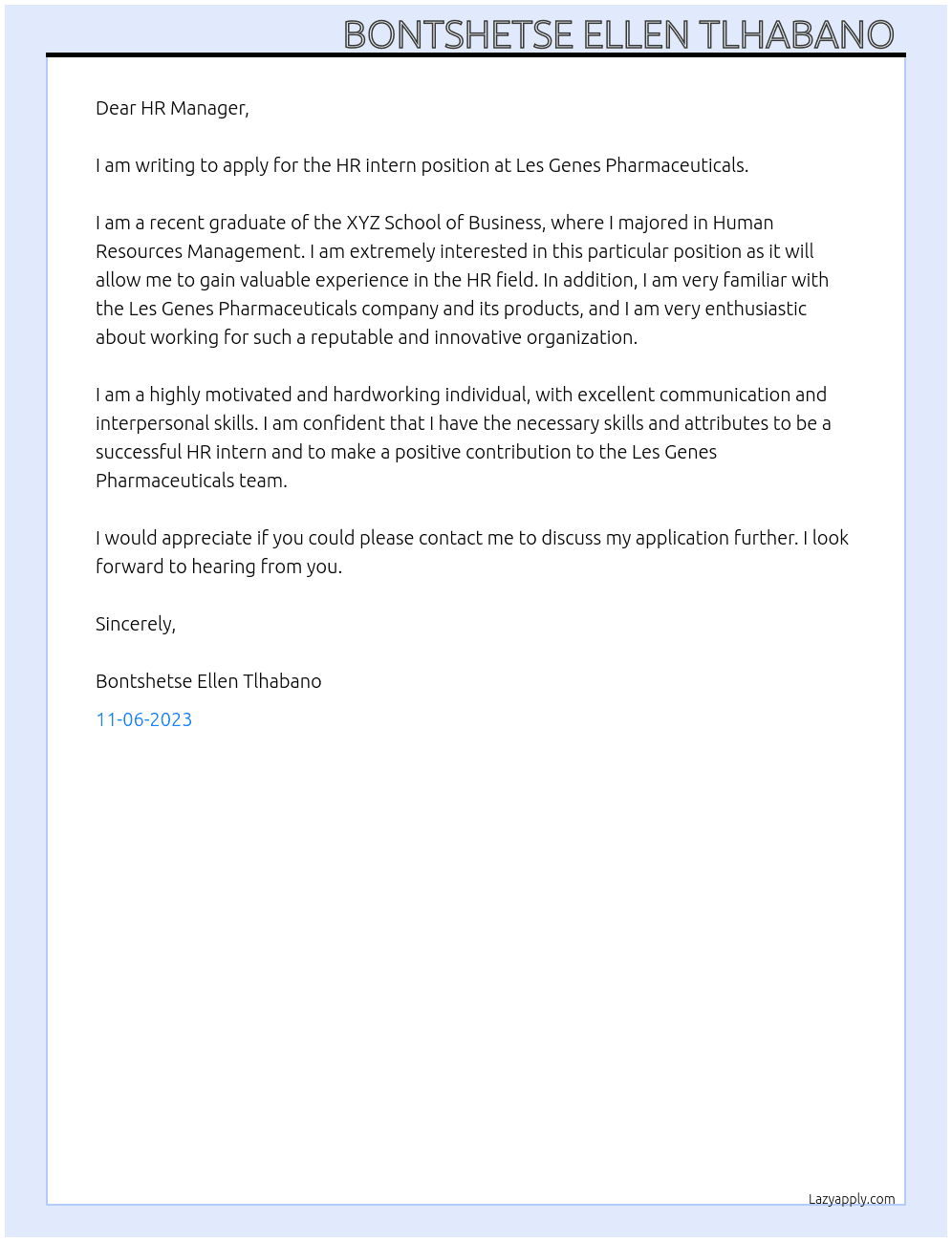 HR intern At Les Genes Pharmaceuticals  Cover Letter