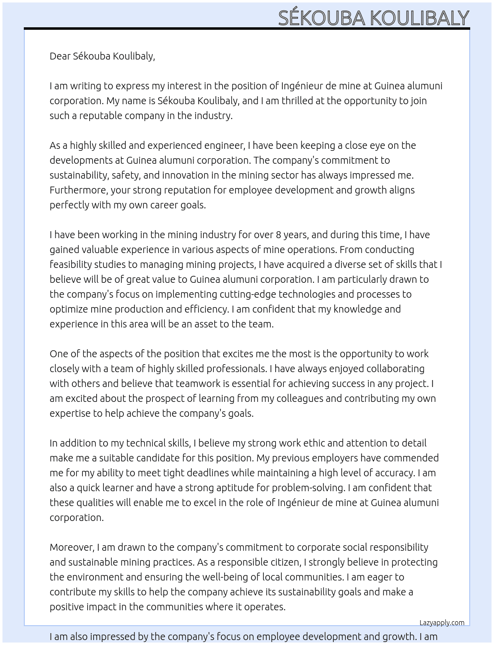 Ingénieur de mine At Guinea alumuni corporation Cover Letter