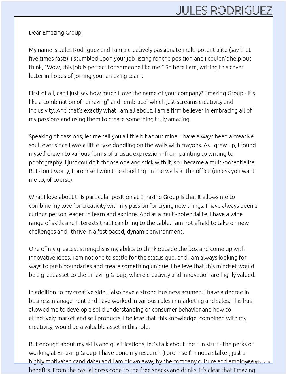 Creatively passionate multi-potentialite At Emazing group Cover Letter