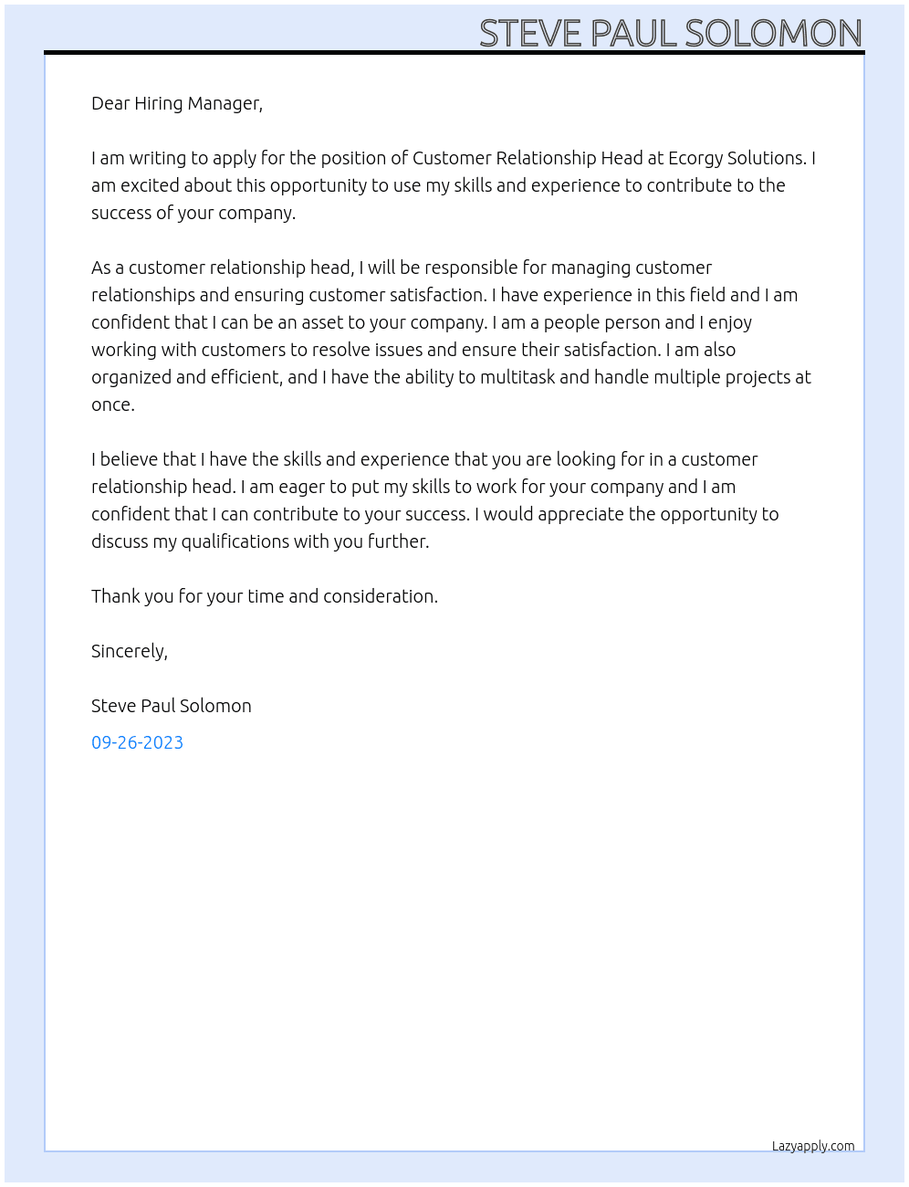 Customer Relationship Head At Ecorgy Solutions Cover Letter