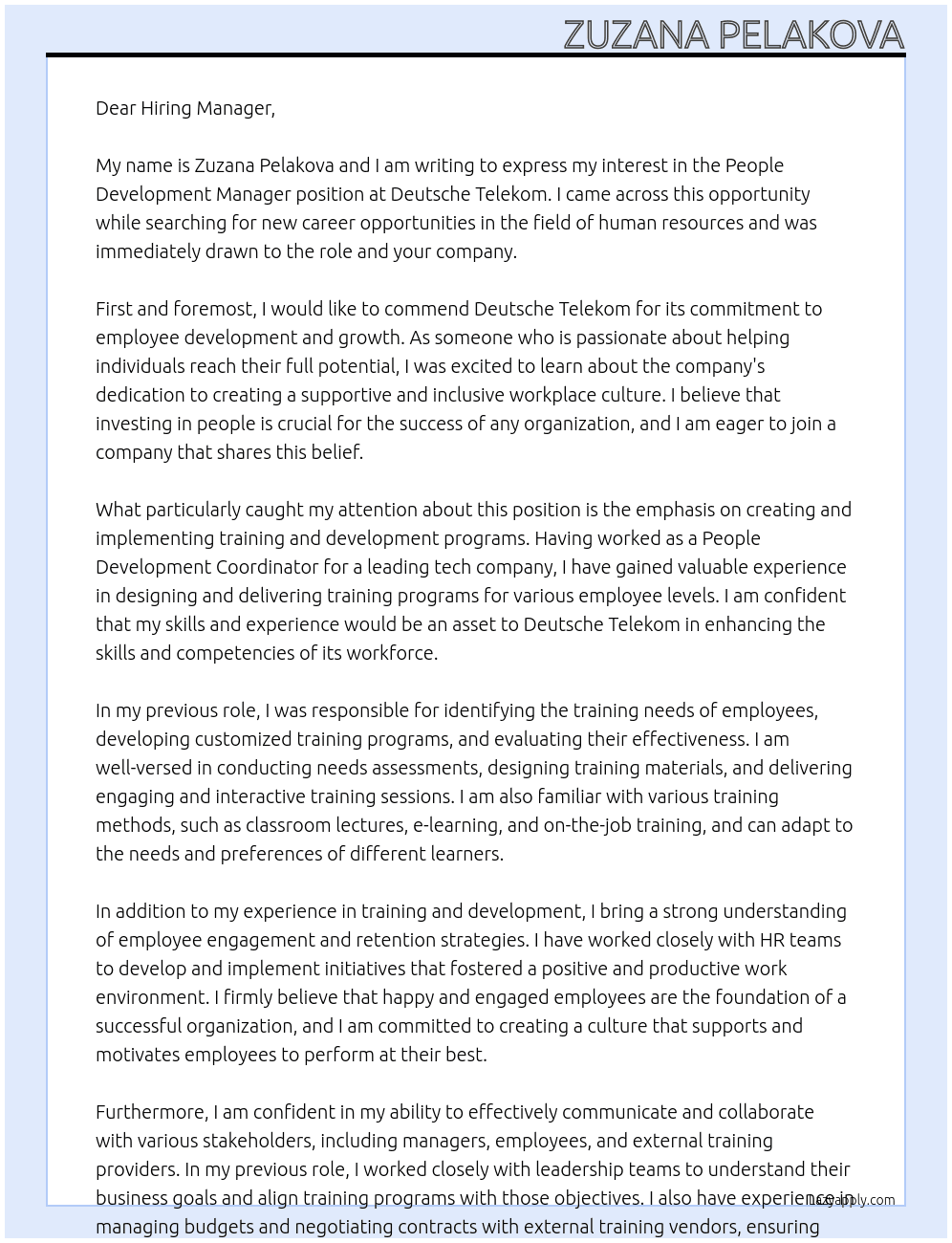 People Development manager At Deutsche Telekom Cover Letter