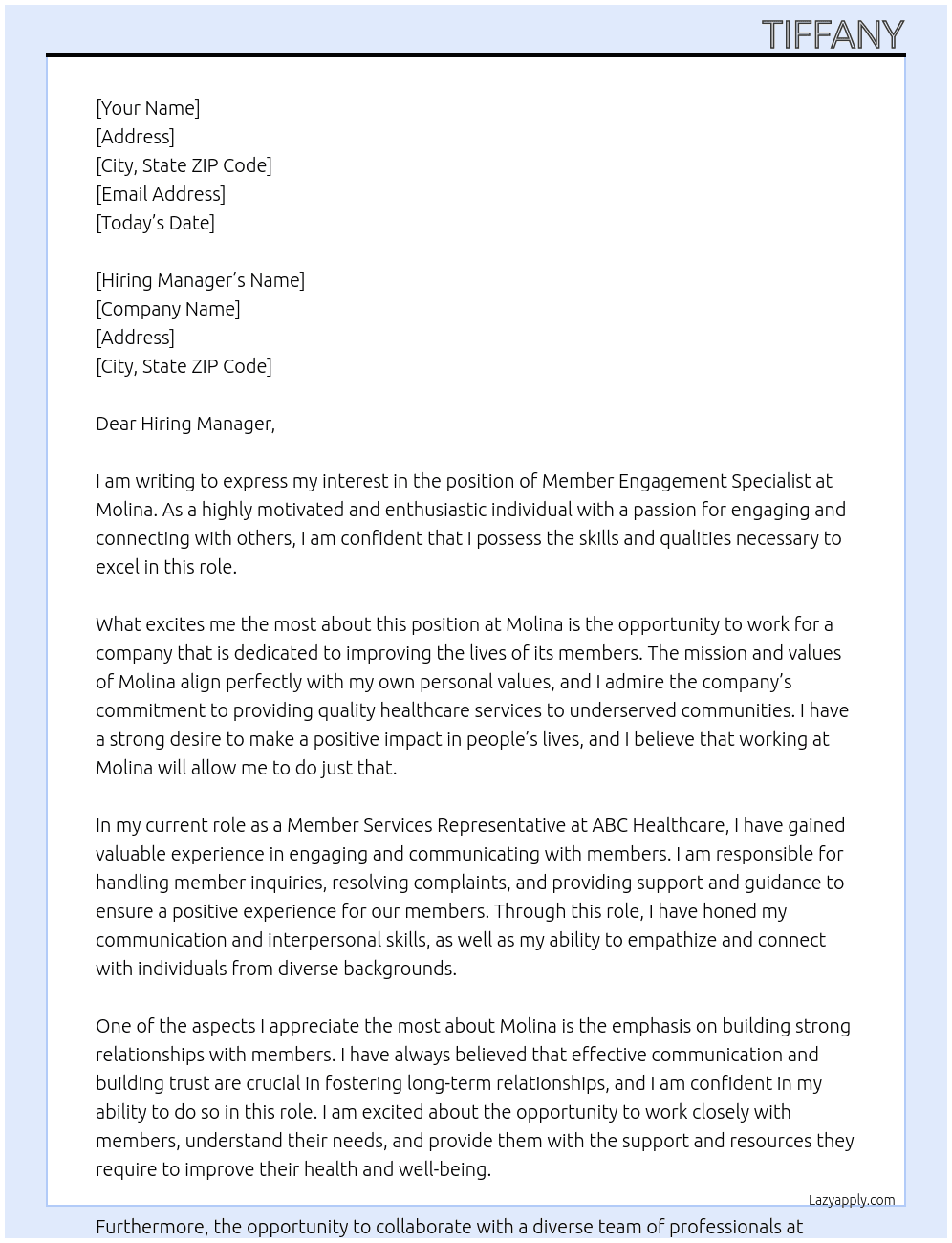 Member Engagement Specialist At Molina Cover Letter