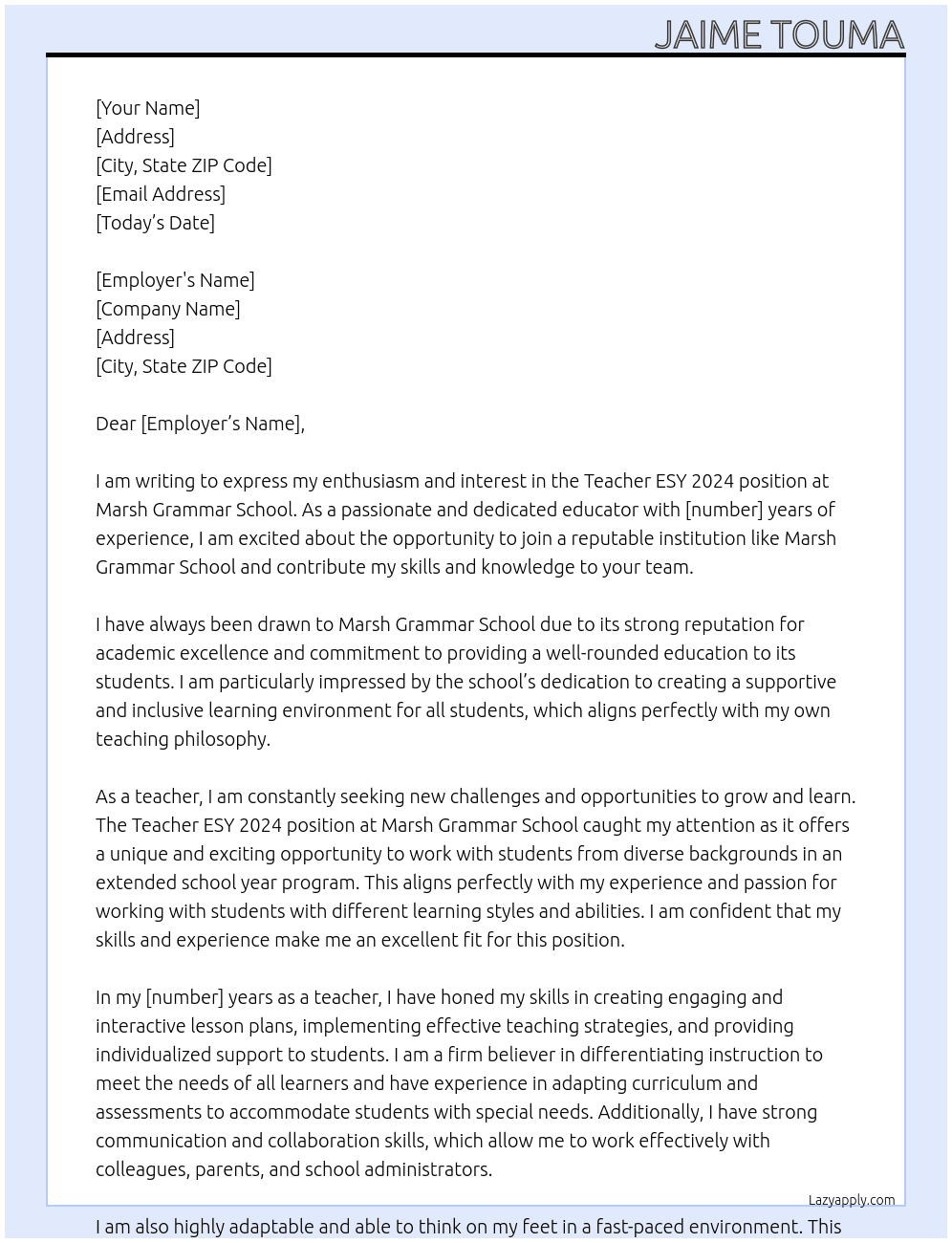 Teacher ESY 2024 At Marsh Grammar School Cover Letter