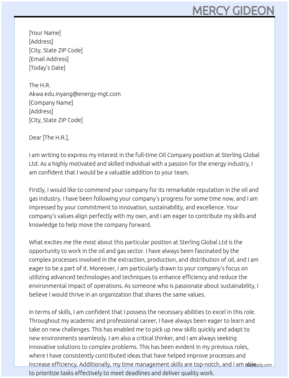 Oil company At Sterling Global LTD Cover Letter