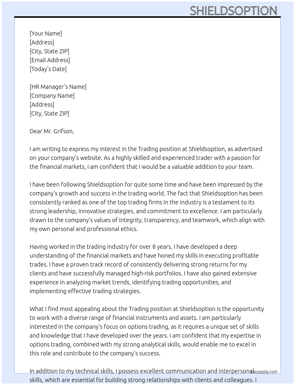 Trading At Shieldsoption  Cover Letter