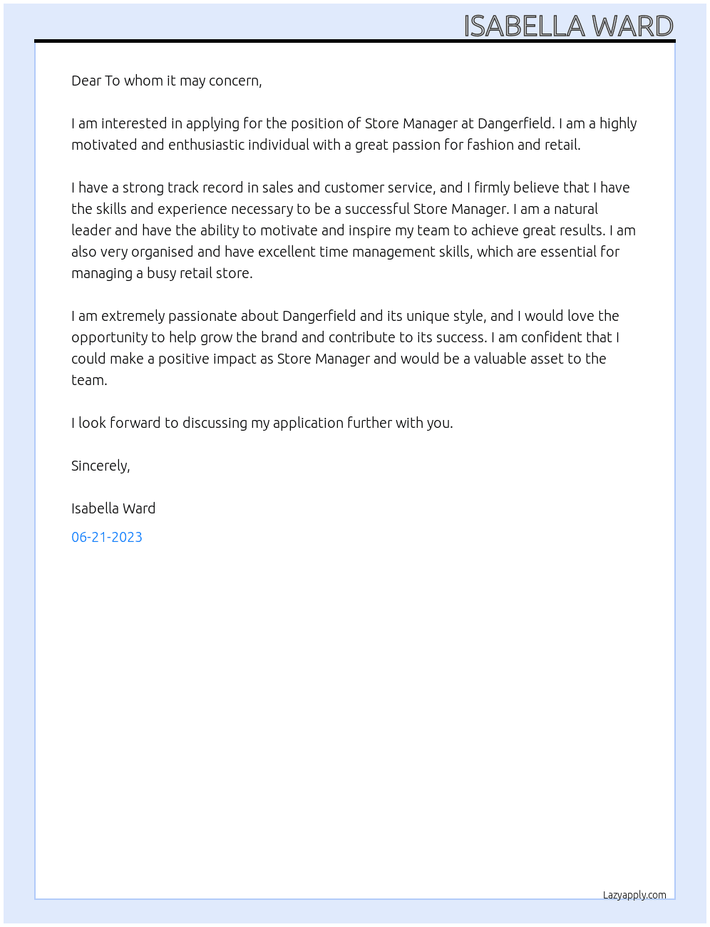 Store Manager  At Dangerfield  Cover Letter