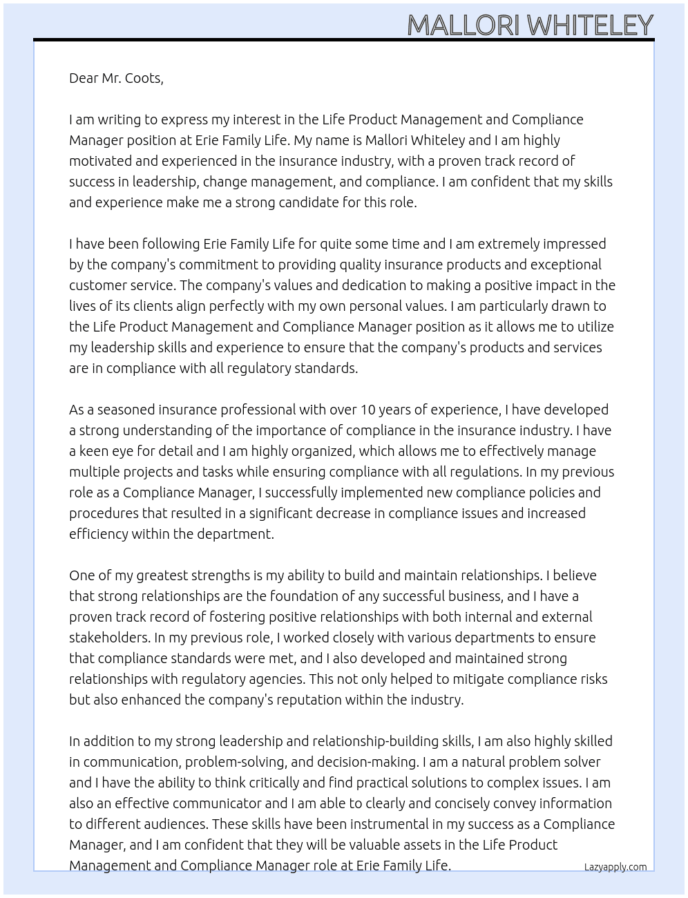 Life Product Management and Compliance Manager At Erie Family Life  Cover Letter