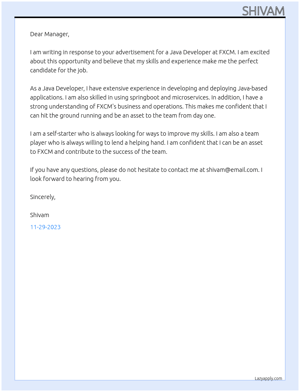 Java Developer  At FXCM Cover Letter