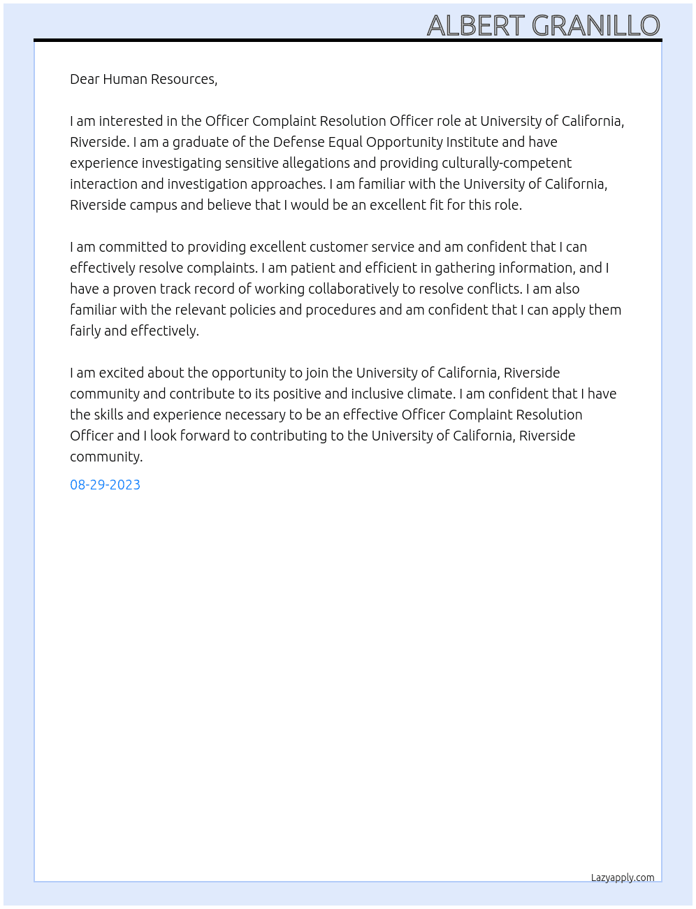 Officer Complaint Resolution Officer At University of California, Riverside Cover Letter