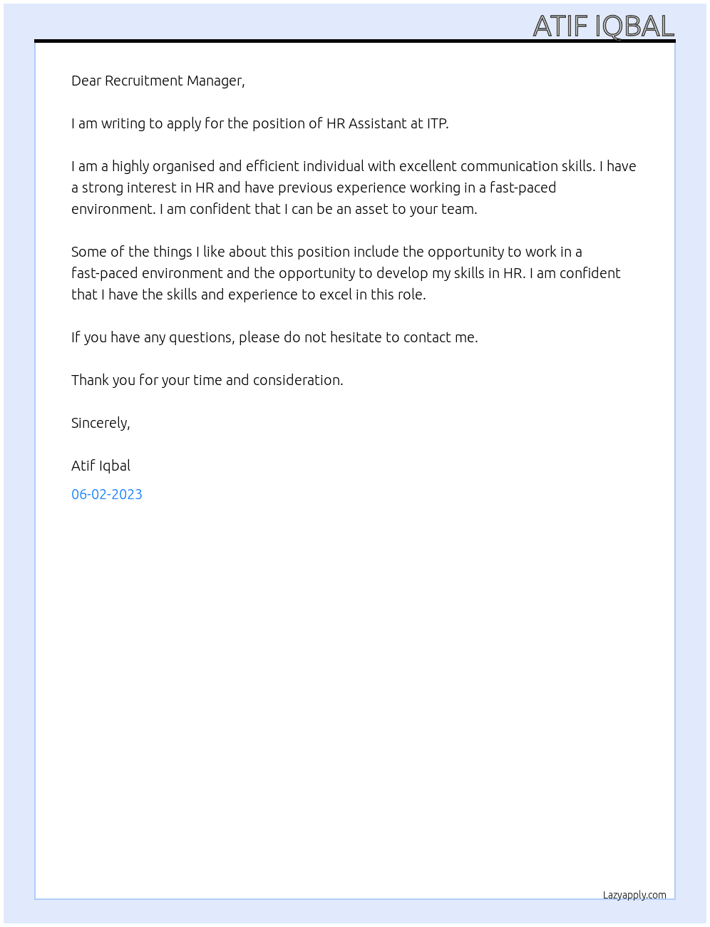 HR Assistant  At ITP  Cover Letter