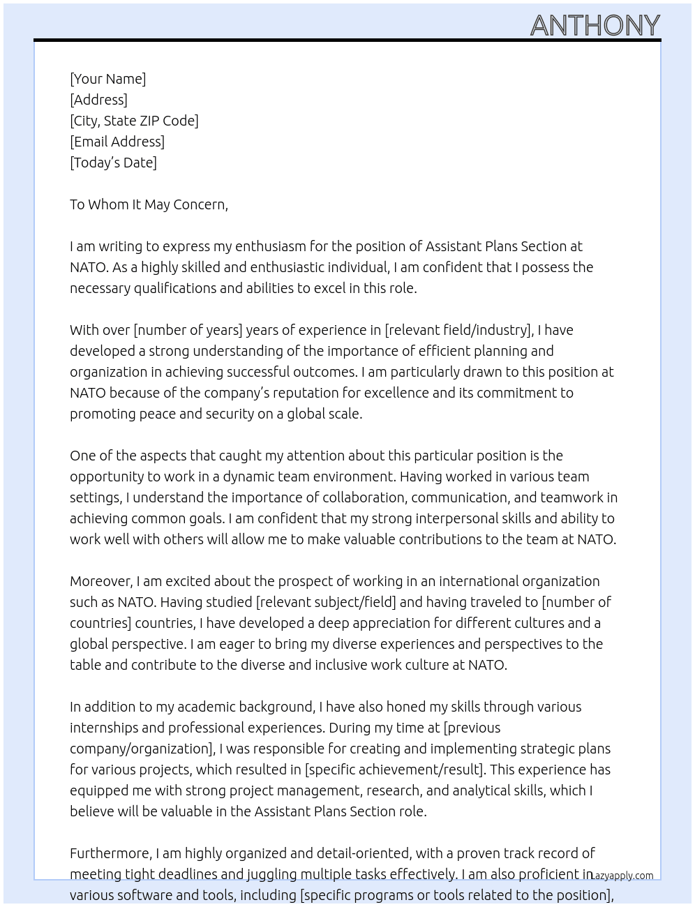 Assistant Plans Section At NATO Cover Letter