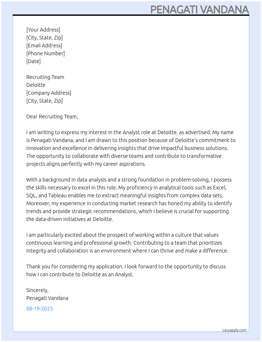 Cover letter for analyst role - LazyApply