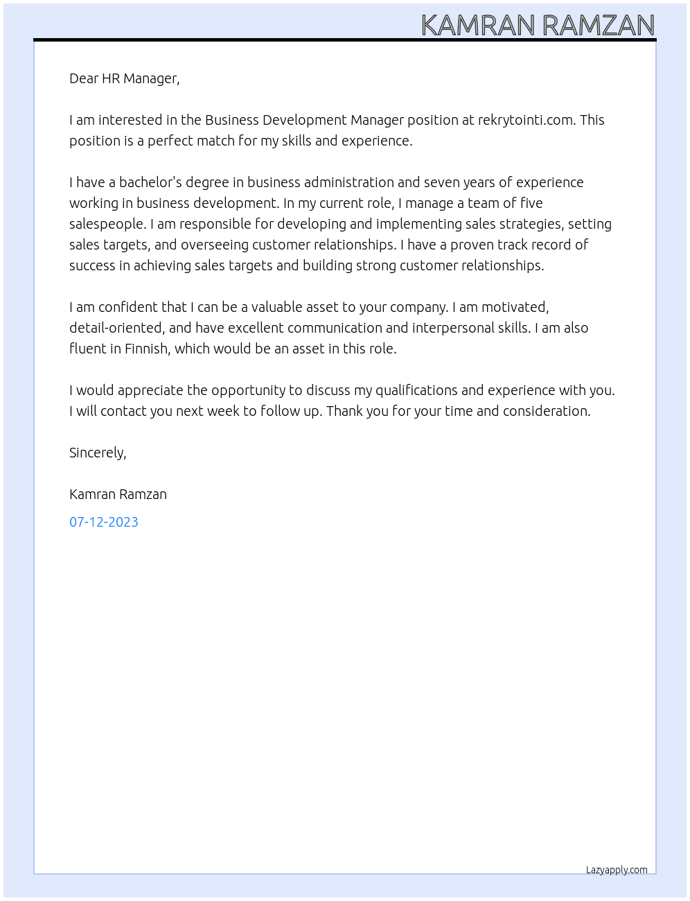 Business Development Manager At rekrytointi.com Cover Letter