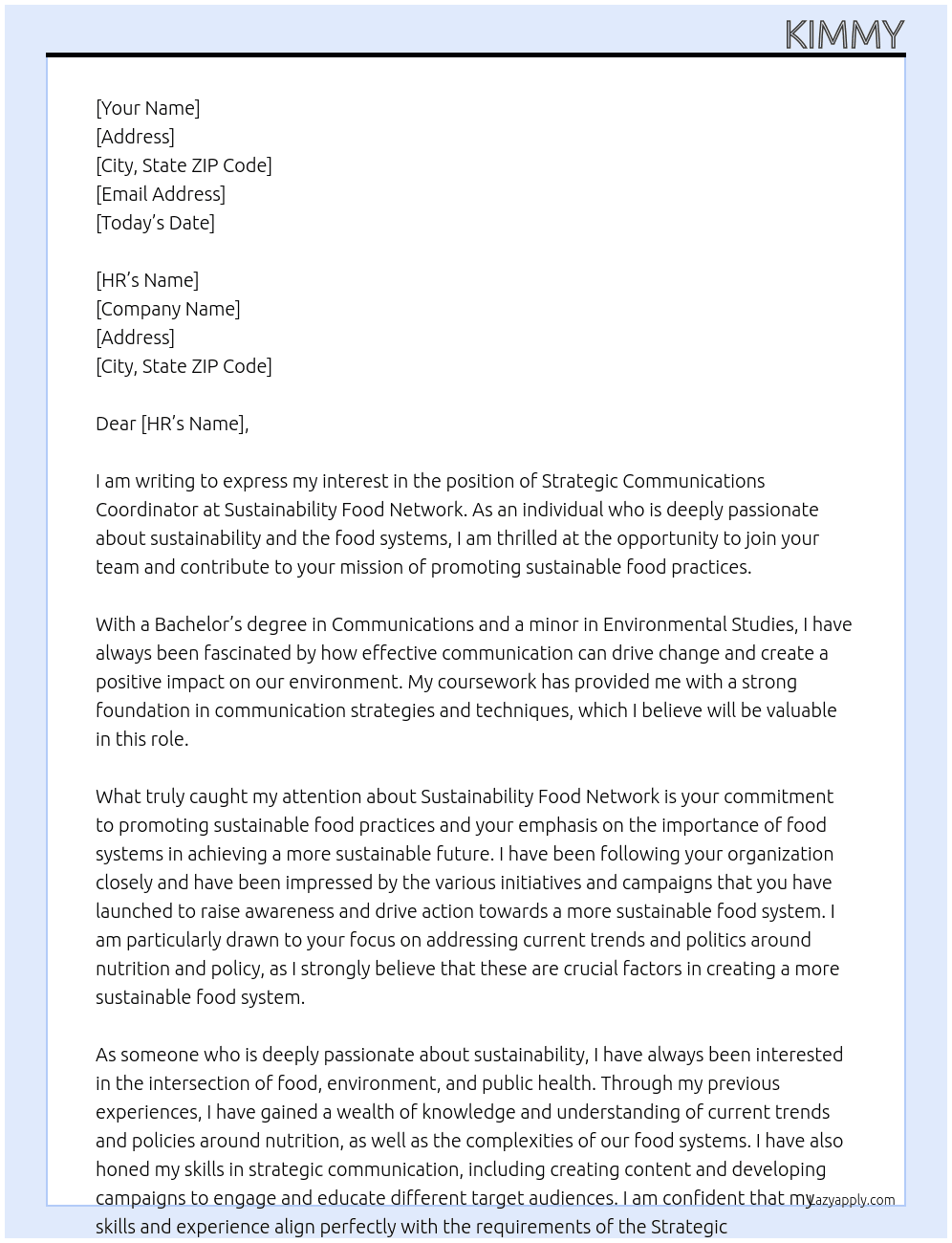 Strategic Communications Coordinator At Sustainability Food Network Cover Letter