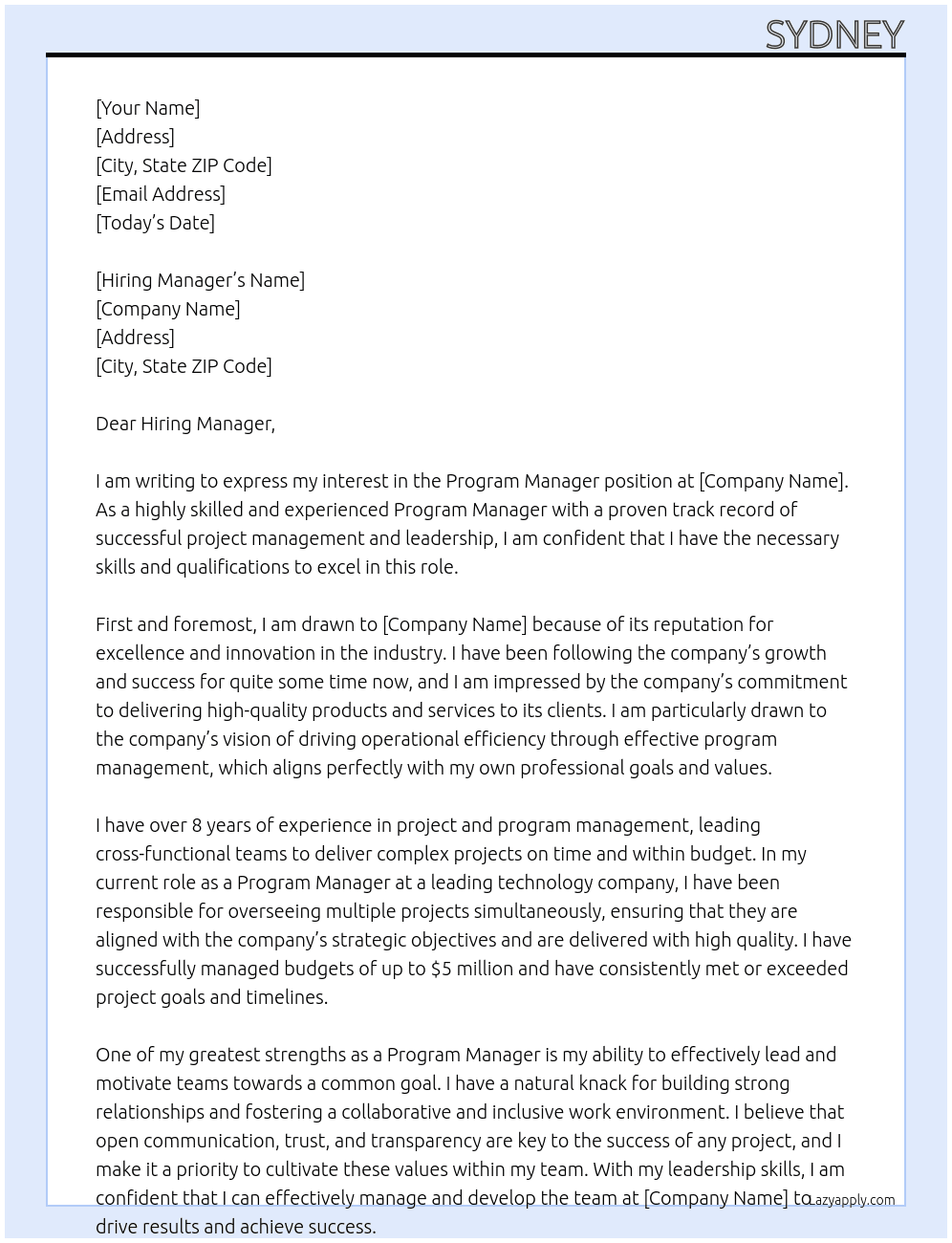 program manager At Company Cover Letter