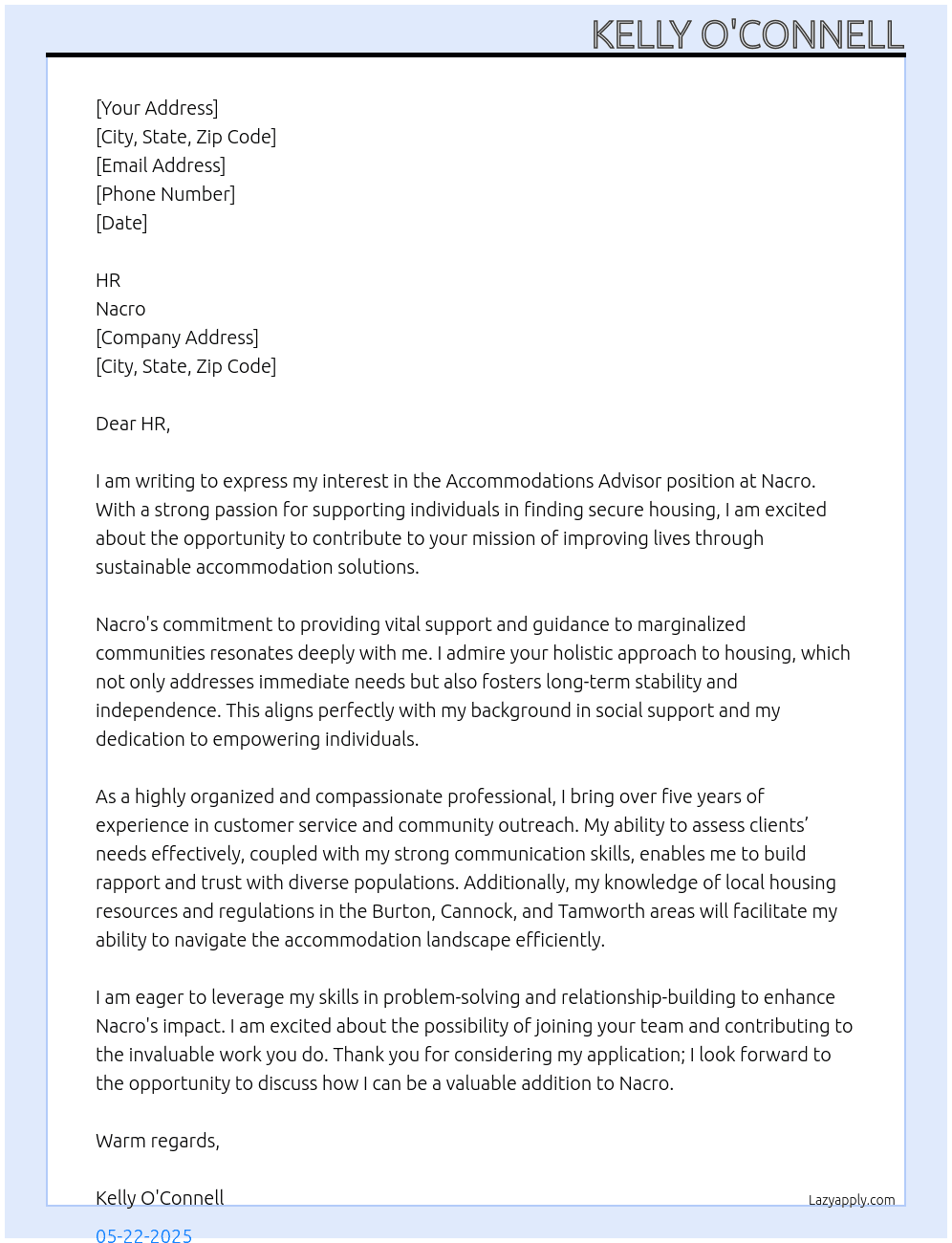 Accommodations Advisor At Nacro Cover Letter