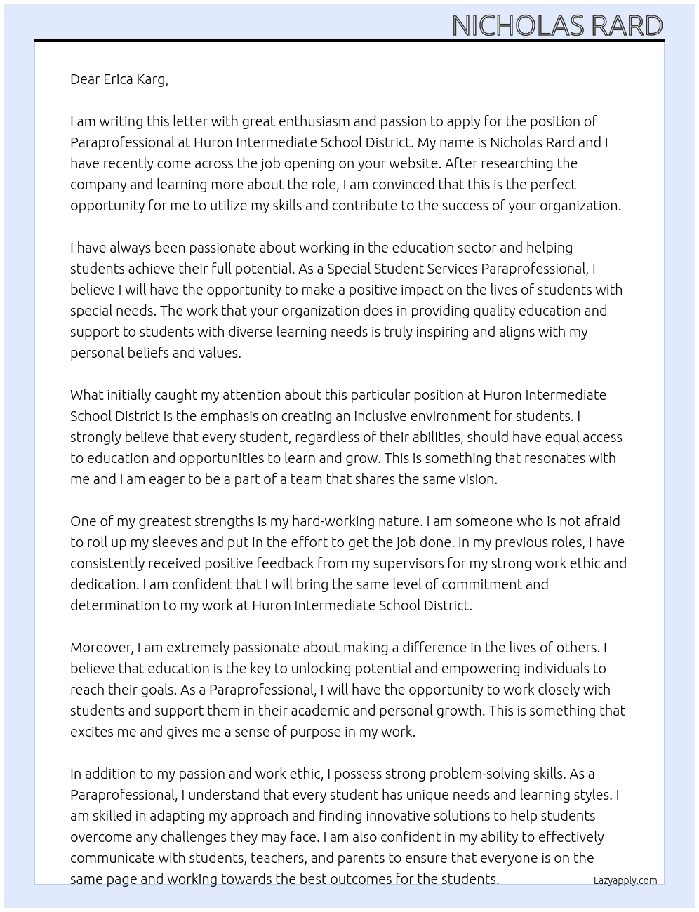 Paraprofessional At Huron Intermediate School District Cover Letter