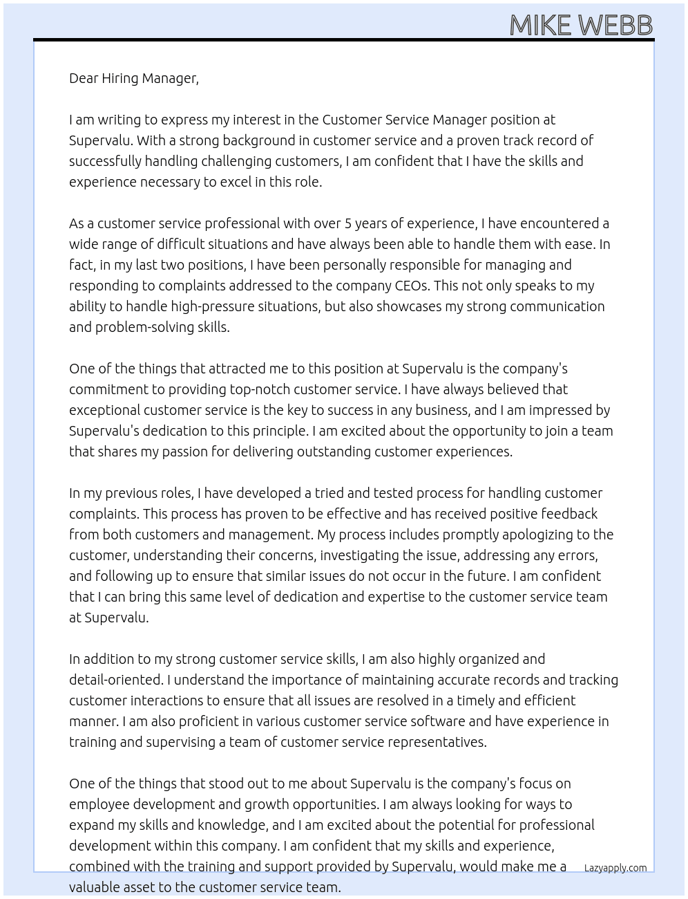 Customer Service Manager At Supervalu Cover Letter