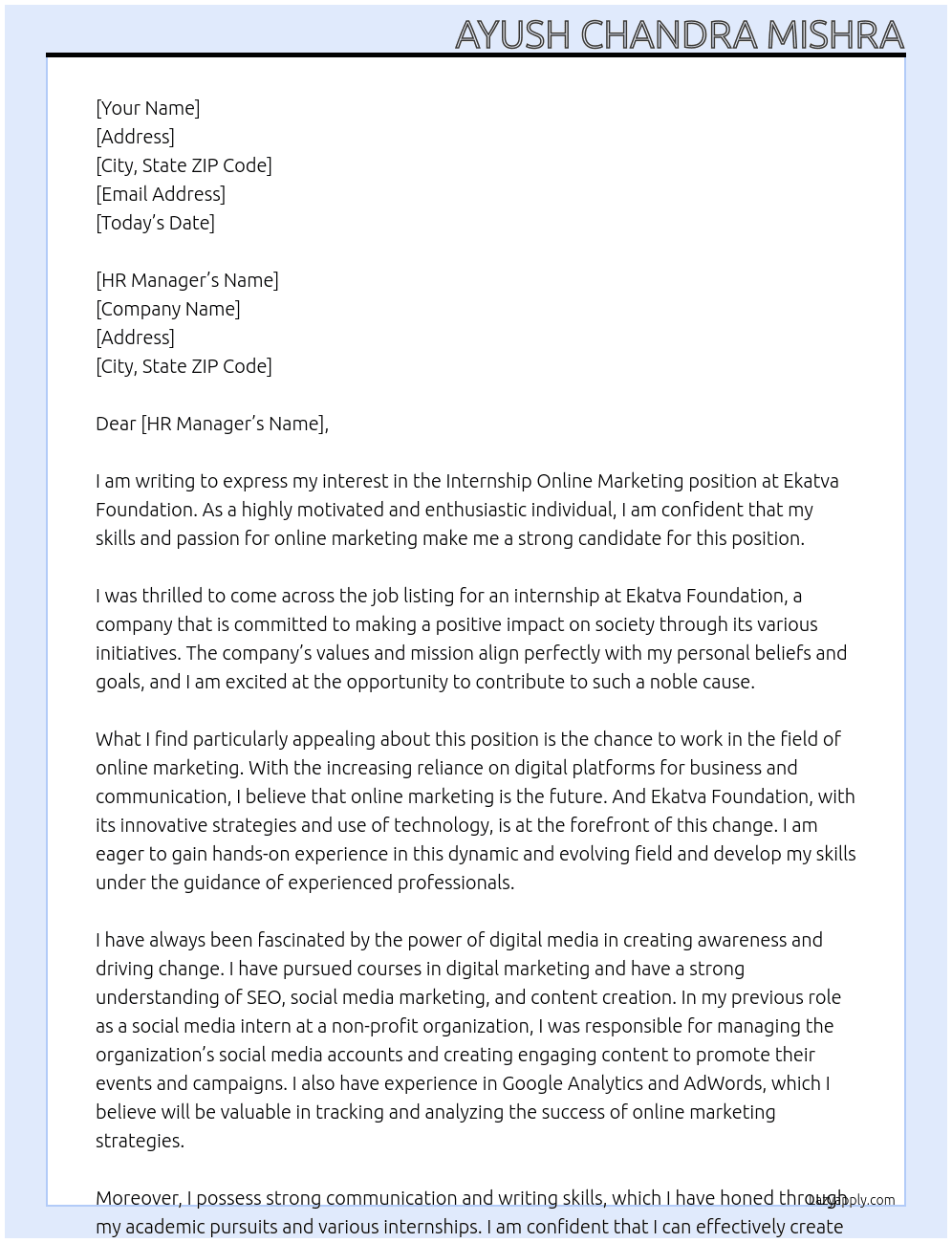 internship online marketing At  Ekatva Foundation  Cover Letter