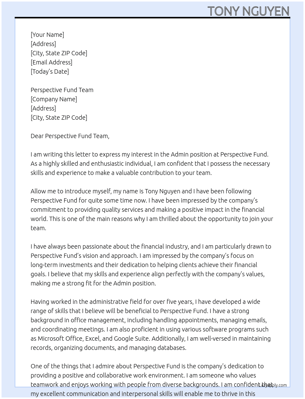 Admin At Perspective Fund Cover Letter
