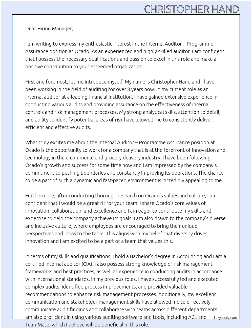 Internal Auditor - Programme Assurance At Ocado Cover Letter
