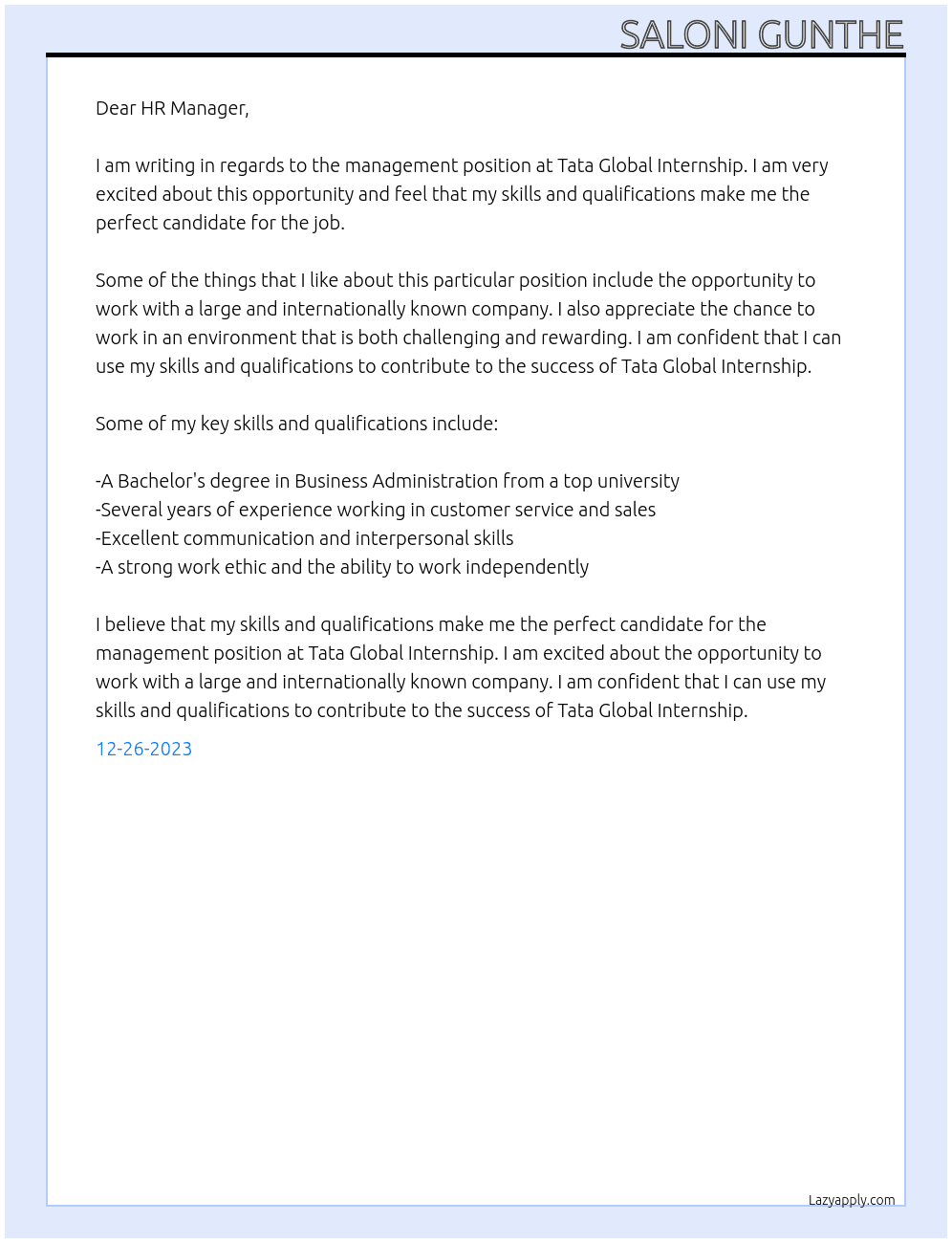 management At Tata Global Internship Cover Letter