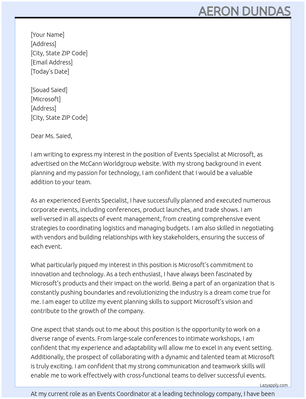 Events Specialist, Microsoft At McCann Worldgroup  Cover Letter