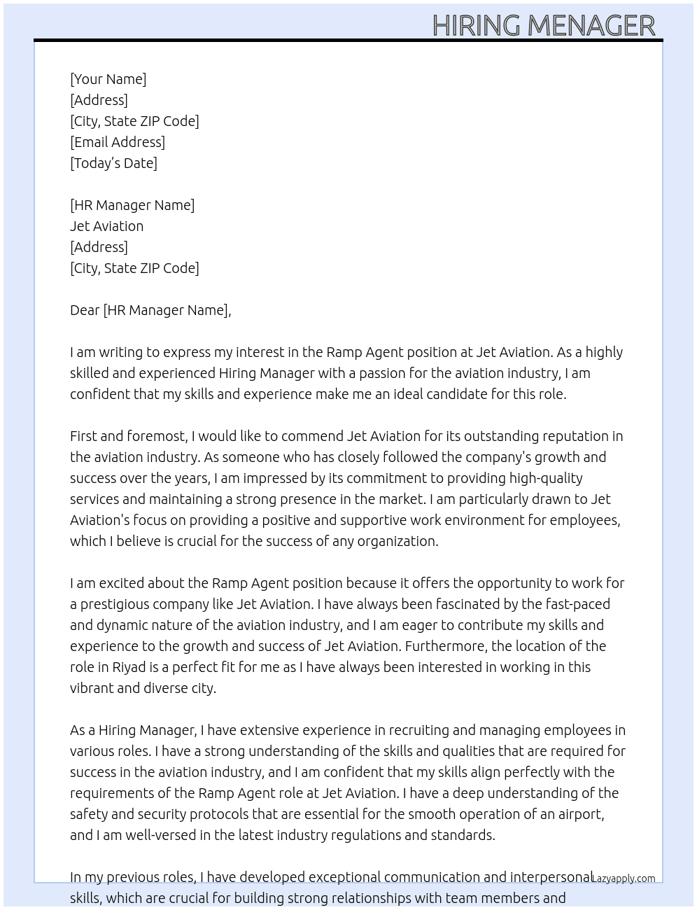 Ramp agent At Jet aviation  Cover Letter