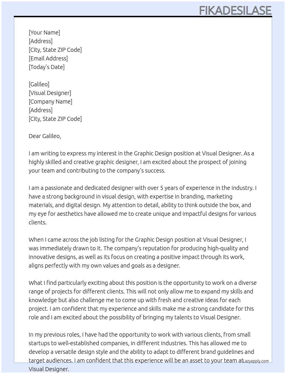 GRAPHIC DEASIGN At Visual Designer Cover Letter