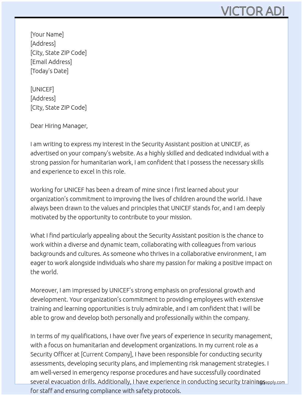 Security assistant  At UNICEF Cover Letter