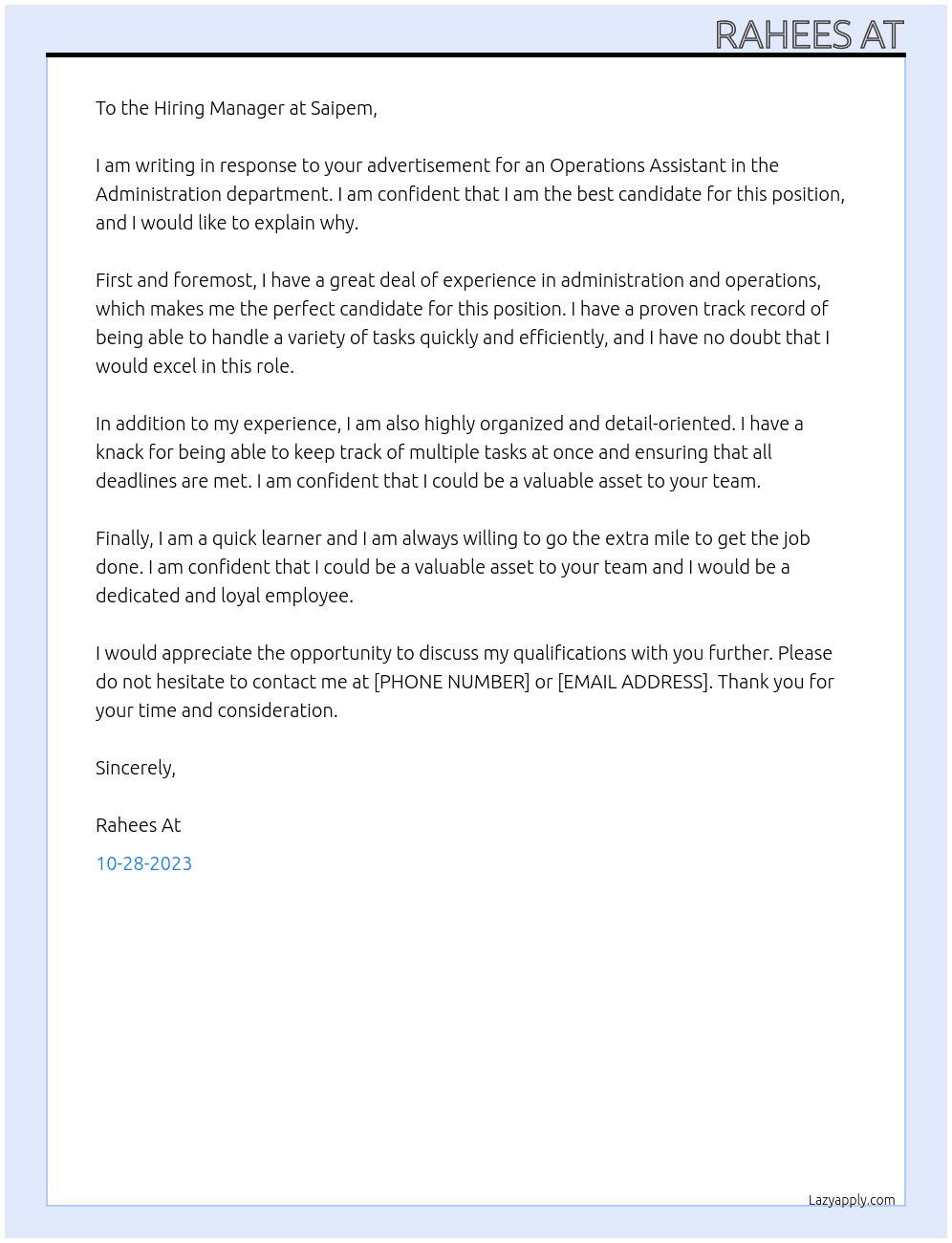 Administration,- Operations Assistant At SAIPEM Cover Letter