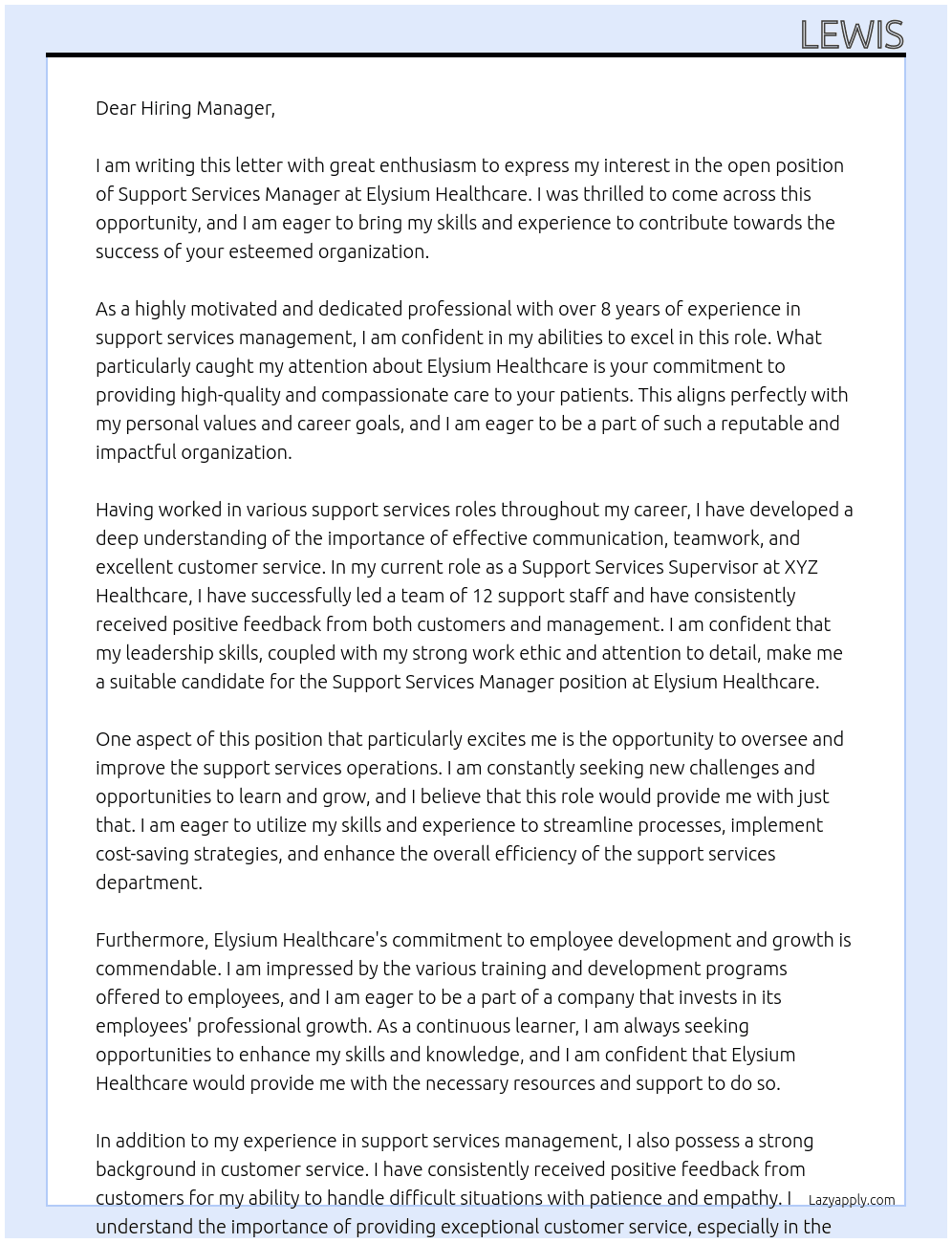 Cover letter for support services manager - LazyApply