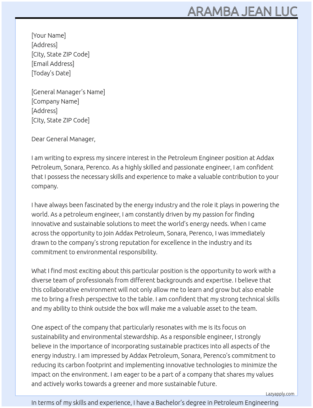 petroleum engineer At Addax Petroleum, Sonara, Perenco Cover Letter