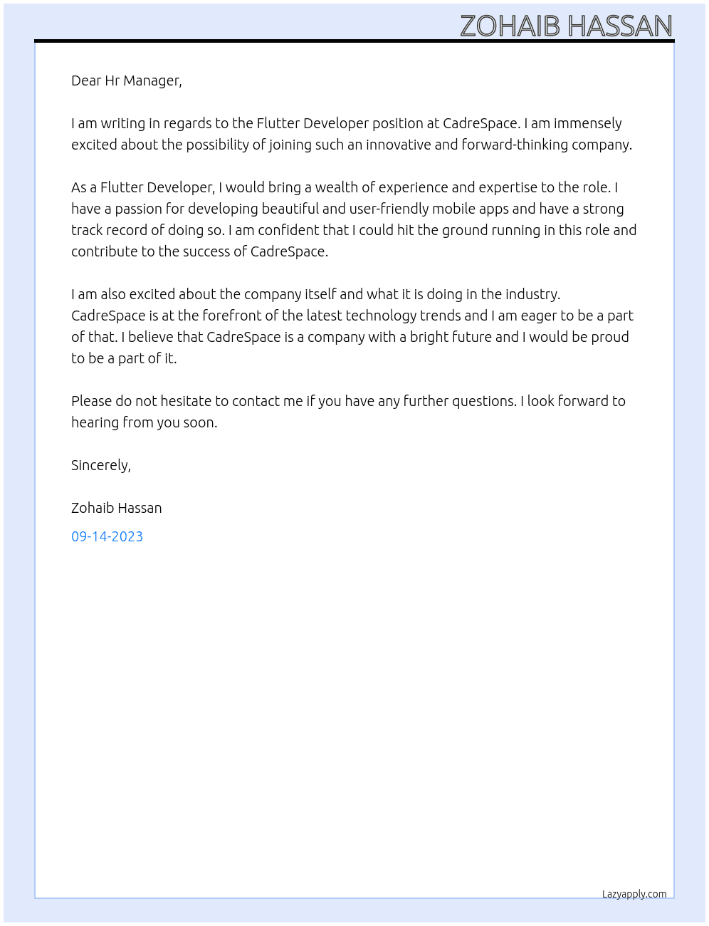 Flutter Developer At CadreSpace Cover Letter