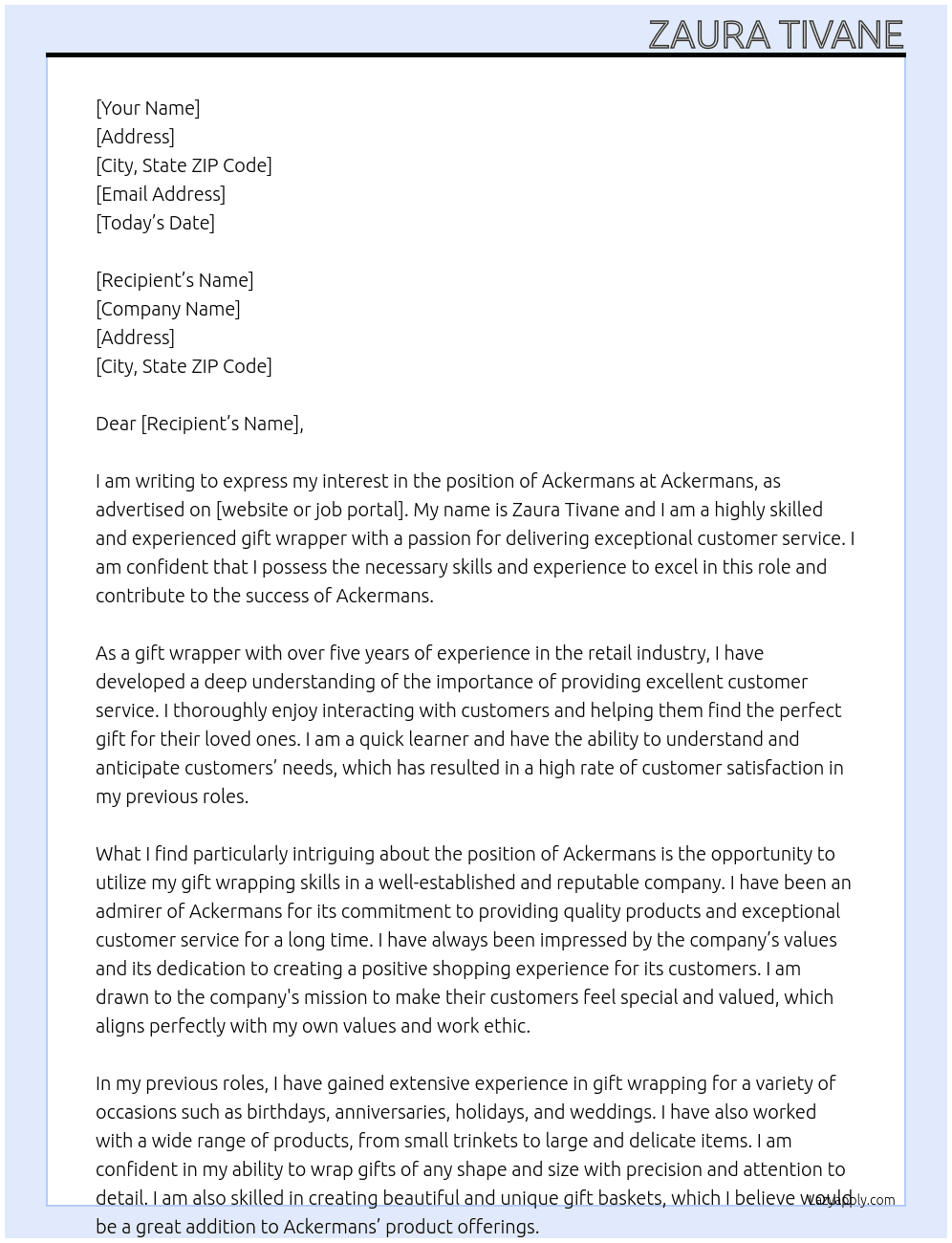 Ackermans  At Ackermans  Cover Letter