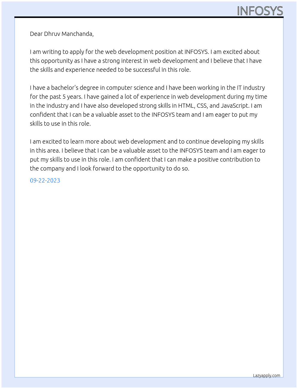 web development At INFOSYS Cover Letter