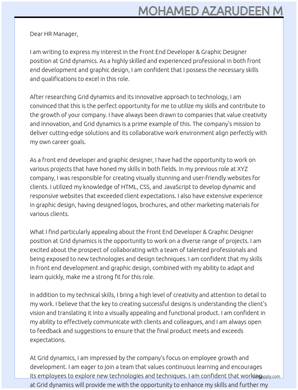 Front end Developer & Graphic Designer At Grid dynamics Cover Letter