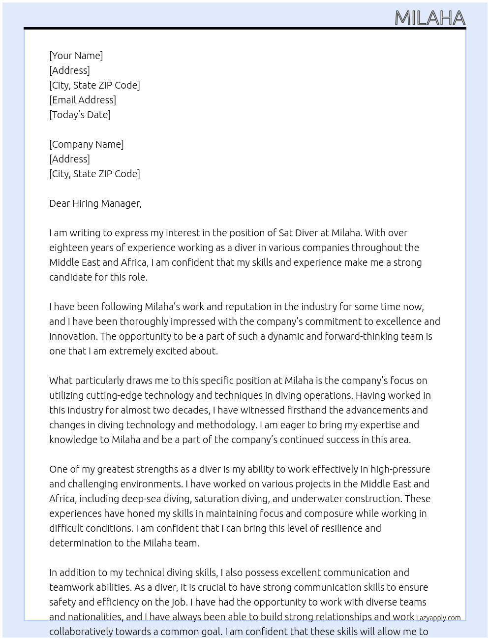 Sat diver At Milaha Cover Letter