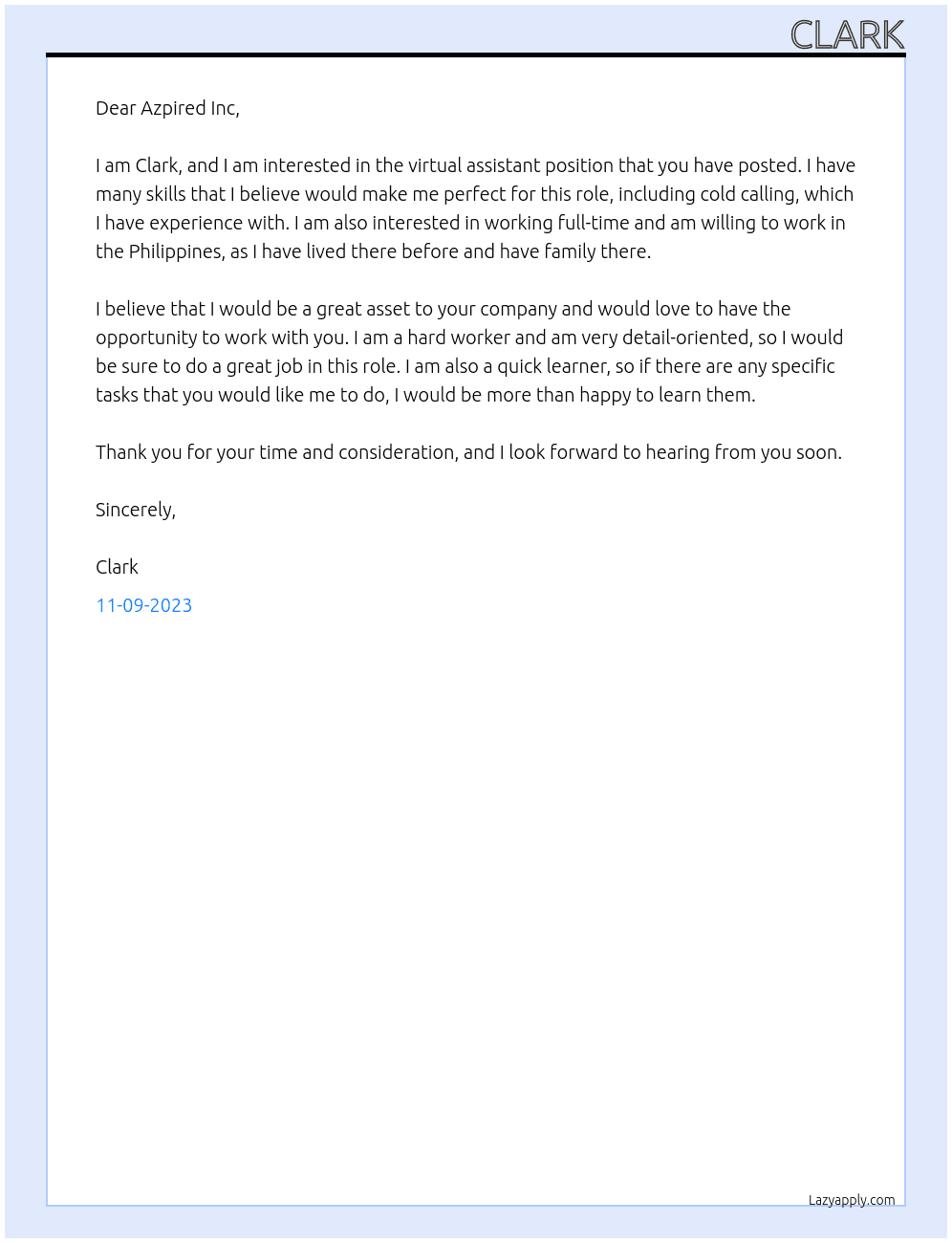 Virtual assistant At Azpired Inc Cover Letter