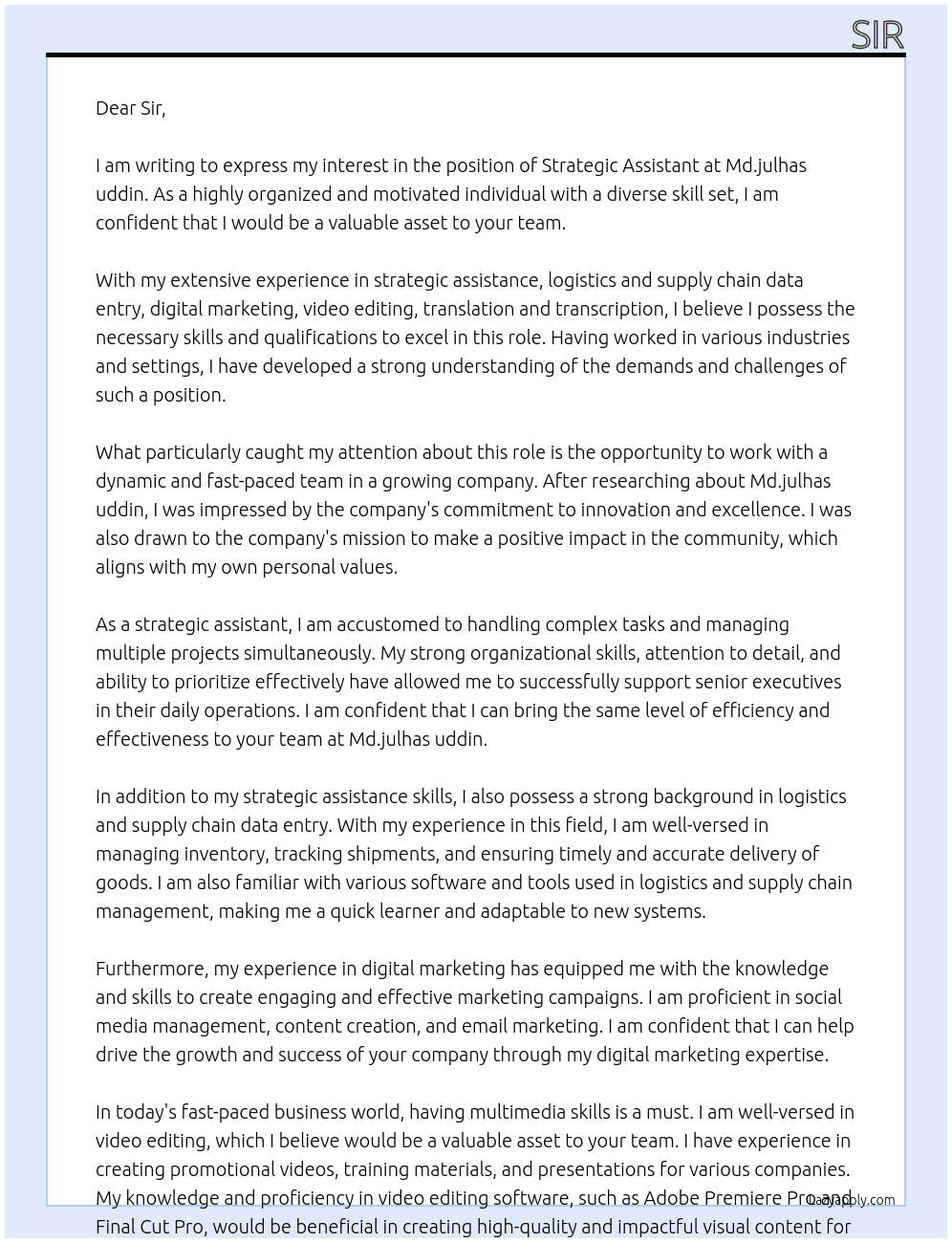 Strategic Assistant At Md.julhas uddin Cover Letter