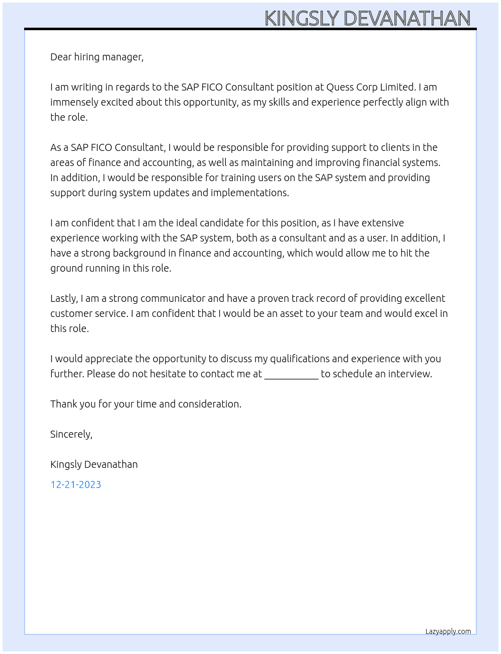 SAP FICO Consultant  At Quess Corp Limited Cover Letter