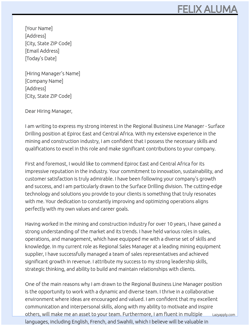 Regional Business Line Manager - Surface Drilling At Epiroc East and Central Africa Cover Letter