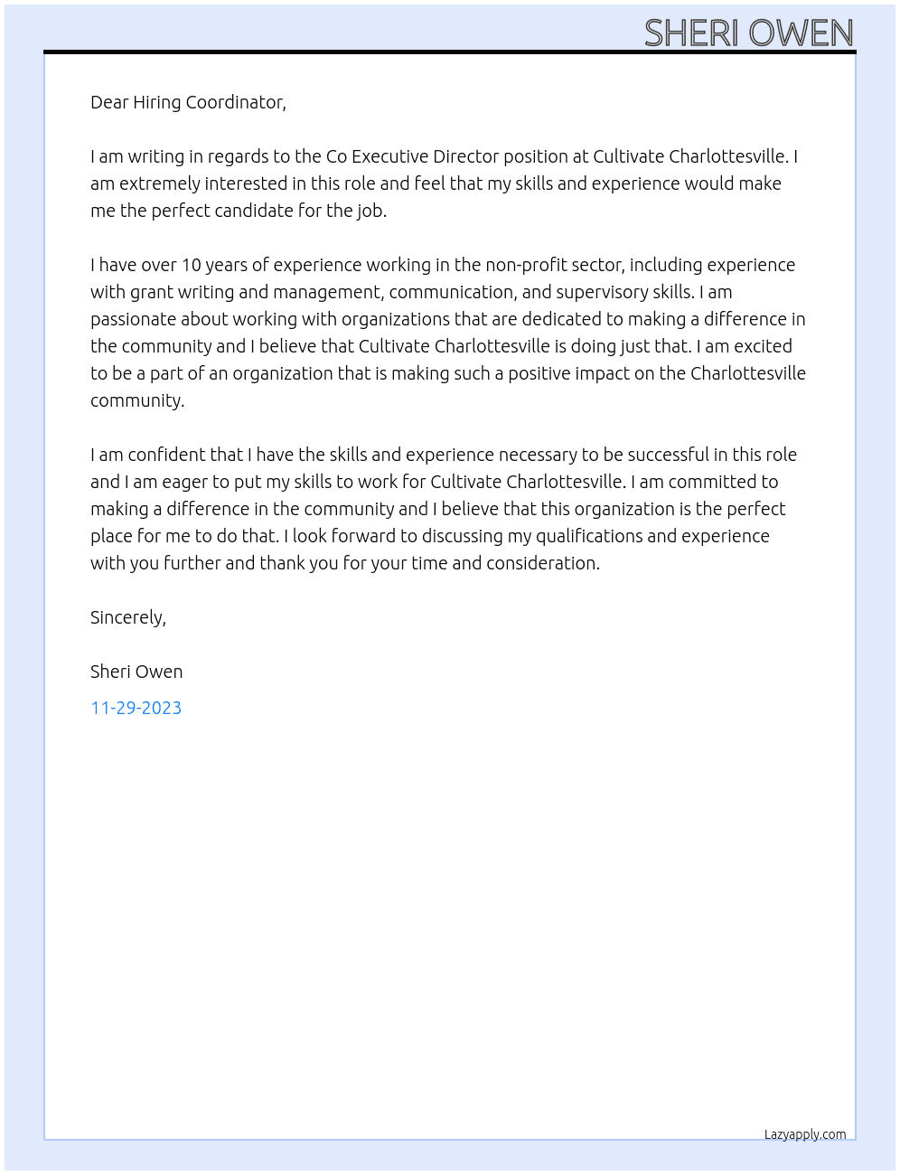 Co Executive Director At Cultivate Charlottesville Cover Letter